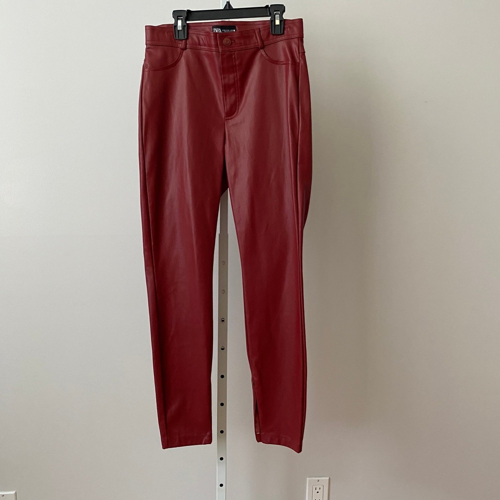 Zara‎ M Mobwife Moto Red Faux Leather Pants High Waisted  Zip Edgy Biker Moto
